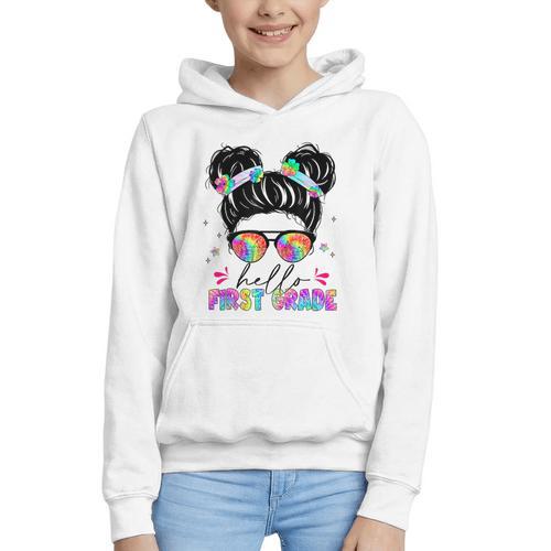Hello First Grade Shirt Messy Bun Tie Dye Back To School Graphic Youth Hoodie - Savourry