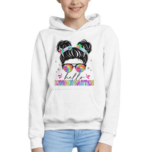 Hello Kindergarten Shirt Messy Bun Tie Dye Back To School Graphic Youth Hoodie - Savourry