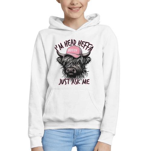 I'm Head Heffa Just Ask Me Bossy Highland Cow Baseball Cap Graphic Youth Hoodie - Sportilla