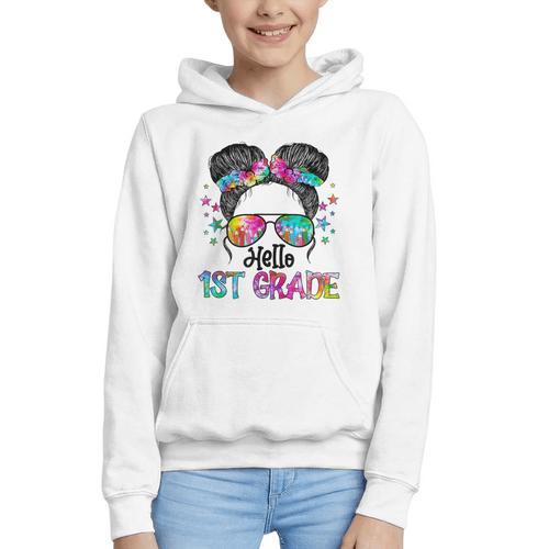 Messy Hair Bun Girl Back To School First Day Hello 1st Grade Graphic Youth Hoodie - Savourry