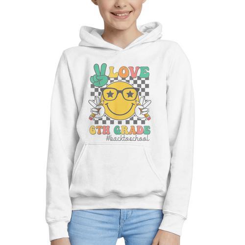 Peace Love 6th Grade Cute Smile Face Back To School Girls Graphic Youth Hoodie - Savourry