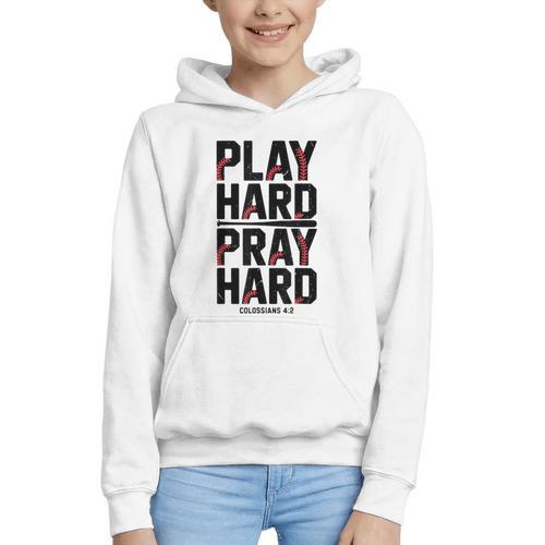 Play Hard Pray Hard Youth Boy Christian Baseball Jesus Graphic Youth Hoodie - Sportilla