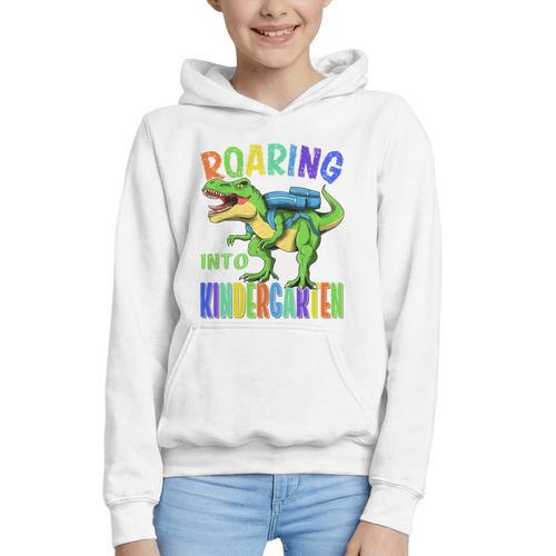 Roaring Into Kindergarten Dinosaur T Rex Back To School Boys Performance Graphic Youth Hoodie - Savourry