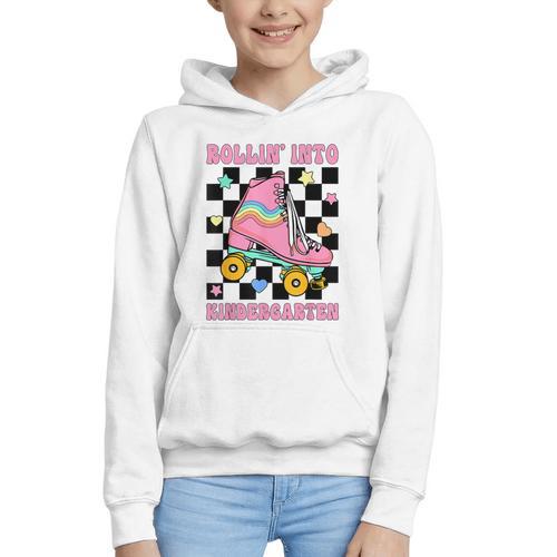 Rolling Into Kindergarten Roller Skating Girl Back To School Graphic Youth Hoodie - Savourry