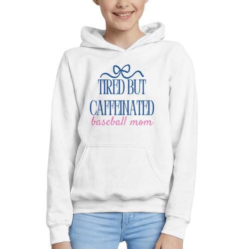 Tired But Caffeinated Baseball Mom Trendy Tired Baseball Mom Graphic Youth Hoodie - Sportilla