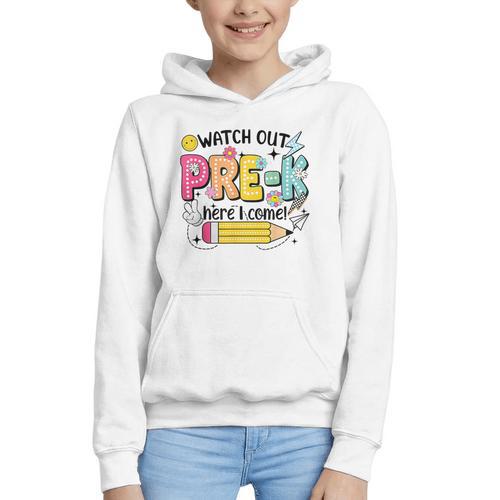 Watch Out Pre-K Here I Come Back To School Pre-K Graphic Youth Hoodie - Savourry