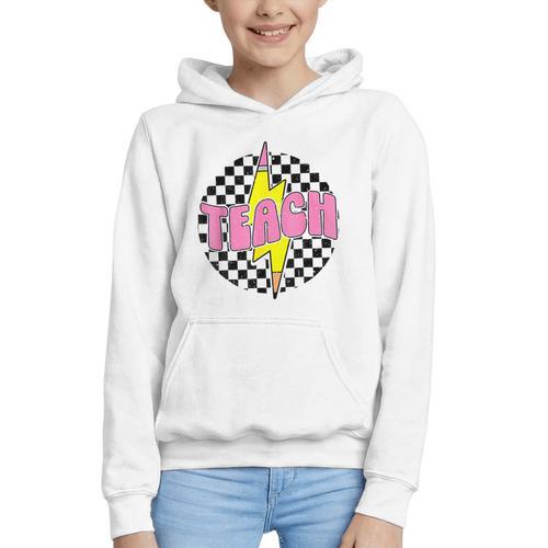Women Checkered Teach Pencil Lightning Bolt Back To School Graphic Youth Hoodie - Savourry