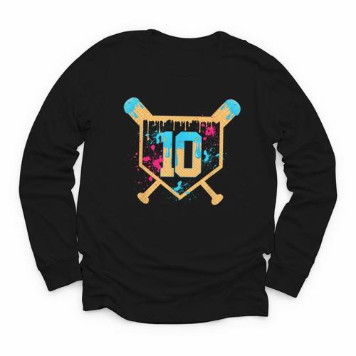10 Years Old 10th Birthday Baseball Ice Cream Dripping Boys Youth Long Sleeve Tee - Sportilla