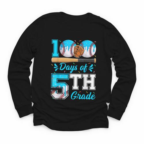 100 Days Of 5th Grade Baseball 100th Day Of School Boys Kids Youth Long Sleeve Tee - Sportilla