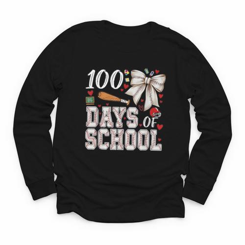 100 Days Of School Baseball 100th Day Of School Coquette Bow Youth Long Sleeve Tee - Sportilla