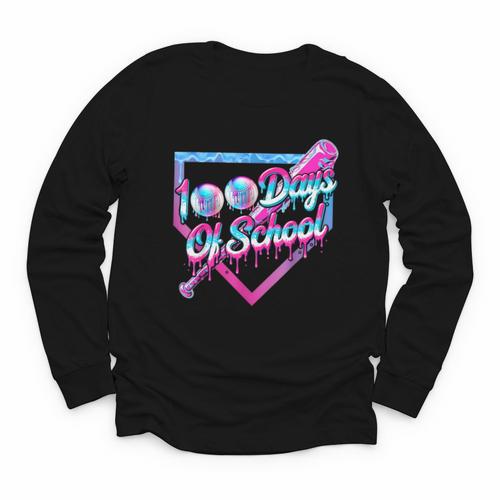 100 Days Of School Baseball 100th Day Ice Cream Boys Kids Youth Long Sleeve Tee - Sportilla