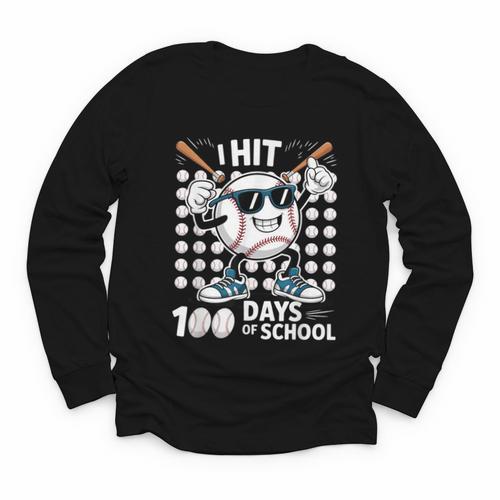 100 Days Of School Baseball Bat 100th Day Of School Youth Long Sleeve Tee - Sportilla