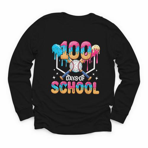 100 Days Of School Baseball Boys Ice Cream Drip 100th Day Youth Long Sleeve Tee - Sportilla