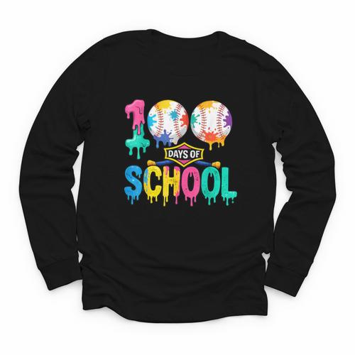 100 Days Of School Baseball Boys Kids Colorful 100th Day Youth Long Sleeve Tee - Sportilla