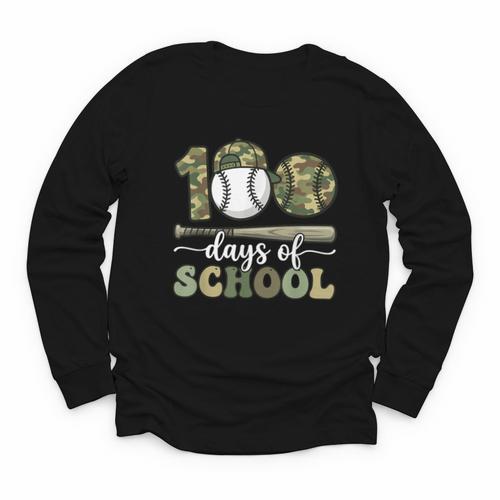 100 Days Of School Baseball Camo Art For Boys Kids Students Youth Long Sleeve Tee - Sportilla