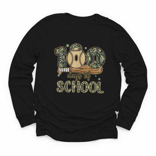 100 Days Of School Baseball Camo Boys Kids 100th Day Youth Long Sleeve Tee - Sportilla