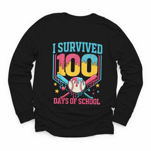 100 Days Of School Baseball Drip 100 Days Boy Girl Kids Youth Long Sleeve Tee - Sportilla