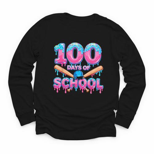 100 Days Of School Baseball Dripping Ice Cream 100th Day Youth Long Sleeve Tee - Sportilla