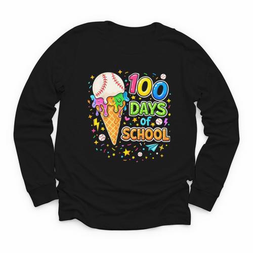 100 Days Of School Baseball Ice Cream Drip Boys Kids Player Youth Long Sleeve Tee - Sportilla