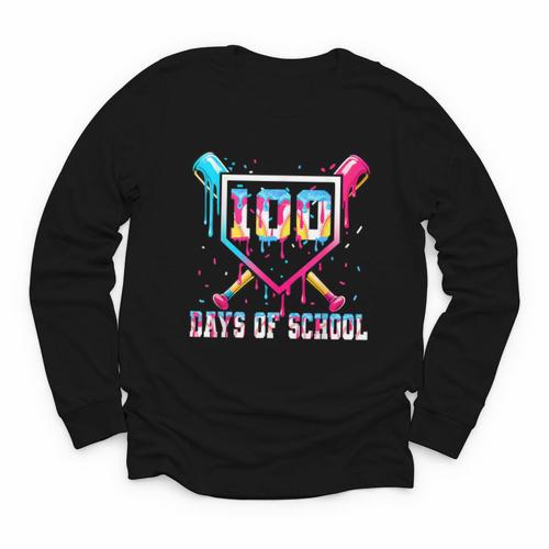 100 Days Of School Boy Kids Baseball Ice Cream Drip Teacher Youth Long Sleeve Tee - Sportilla