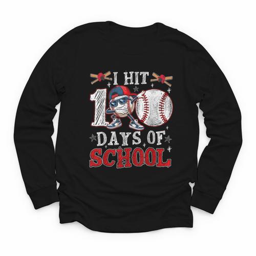 100 Days Of School Dabbing Baseball Hit Student Kids Boys Youth Long Sleeve Tee - Sportilla
