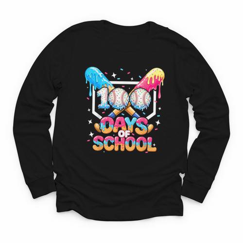 100 Days Of School Ice Cream Baseball Player For Kids Boys Youth Long Sleeve Tee - Sportilla