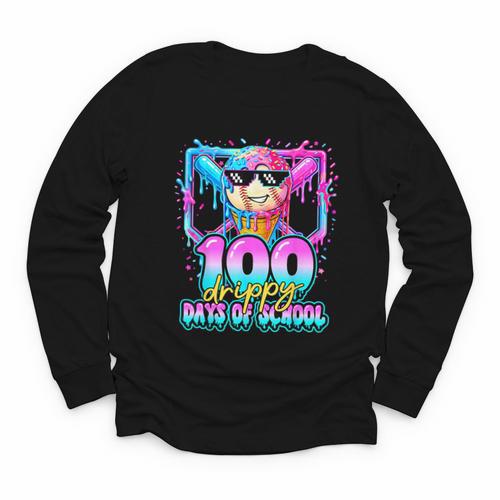 100 Drippy Days Of School Baseball Ice Cream 100th Day Boys Youth Long Sleeve Tee - Sportilla