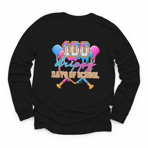 100 Drippy Days Of School Baseball Ice Cream Drip Boys Kids Youth Long Sleeve Tee - Sportilla