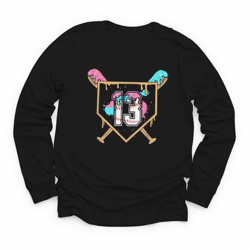 13th Birthday Baseball Bat Ice-Cream Drip 13yrs Old Boy Kid Youth Long Sleeve Tee - Sportilla