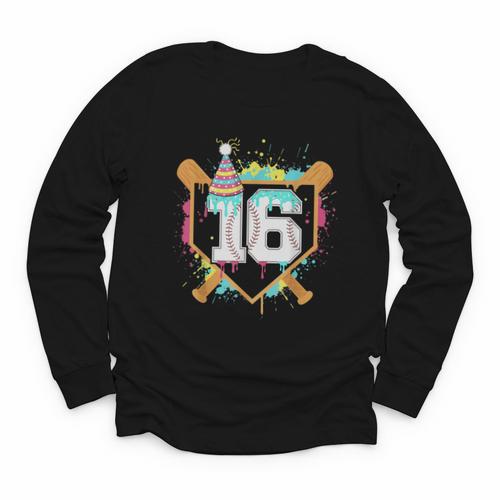 16th Birthday Baseball Drip Number 16 Year Old Birthday Boy Youth Long Sleeve Tee - Sportilla