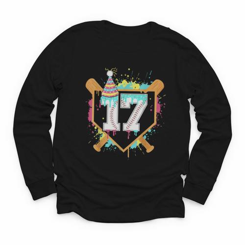 17th Birthday Baseball Drip Number 17 Year Old Birthday Boy Youth Long Sleeve Tee - Sportilla
