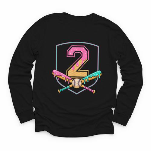 2nd Birthday Baseball Bat Ice-Cream Drip 2yrs Old Boys Kids Youth Long Sleeve Tee - Sportilla