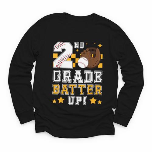 2nd Grade Batter Up Baseball First Day Back To School Youth Long Sleeve Tee - Savourry