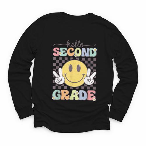 2nd Grade Team Back To School Hello Second Grade Smile Face Youth Long Sleeve Tee - Savourry