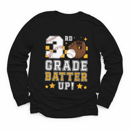 3rd Grade Batter Up Baseball First Day Back To School Youth Long Sleeve Tee - Savourry