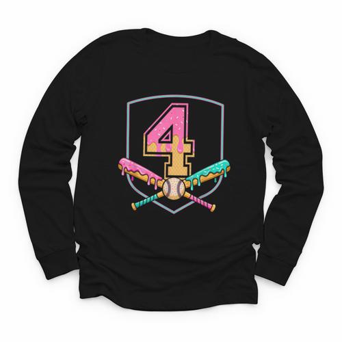 4th Birthday Baseball Bat Ice-Cream Drip 4yrs Old Boys Girls Youth Long Sleeve Tee - Sportilla