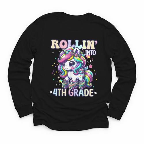 4th Grade Back To School First Day Girls Rollin Unicorn Youth Long Sleeve Tee - Savourry