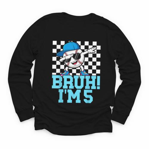 5th Birthday Dabbing Baseball Boys Bruh I'm 5 Year Old Youth Long Sleeve Tee - Sportilla