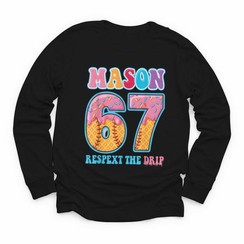 6 7 Mason Baseball Drip Number 67 Player Or 67th Birthday Youth Long Sleeve Tee - Sportilla