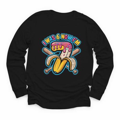 I Was 6 Now I’m 7 Banana Drip Birthday Baseball Youth Long Sleeve Tee - Sportilla