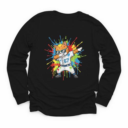 67 Baseball Dabbing Cat 6 7 Dripping Ice Cream Meme Youth Long Sleeve Tee - Sportilla