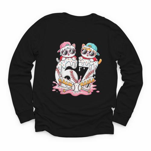 67 Meme Kawaii Cats Baseball Ice Cream Drip 6 7 Kids Youth Long Sleeve Tee - Sportilla