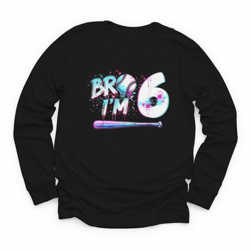 6th Birthday Boy Bro I'm 6 Year Old Baseball Ice Cream Drip Youth Long Sleeve Tee - Sportilla