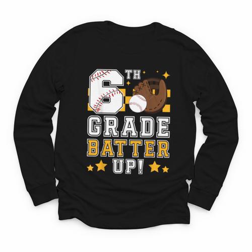 6th Grade Batter Up Baseball First Day Back To School Youth Long Sleeve Tee - Savourry