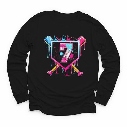 7th Birthday Boys Baseball Ice Cream Drip Boys Baseball Youth Long Sleeve Tee - Sportilla