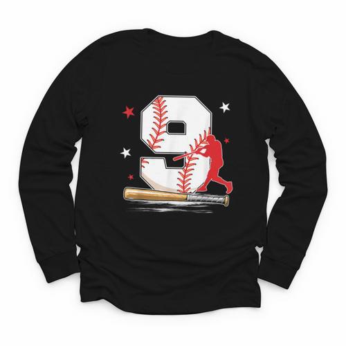 9 Years Old Baseball Birthday Boy 9th Bday Party Youth Long Sleeve Tee - Sportilla