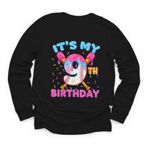 9th Birthday Baseball 9 Year Old Ice Cream Drip Boy Baseball Youth Long Sleeve Tee - Sportilla