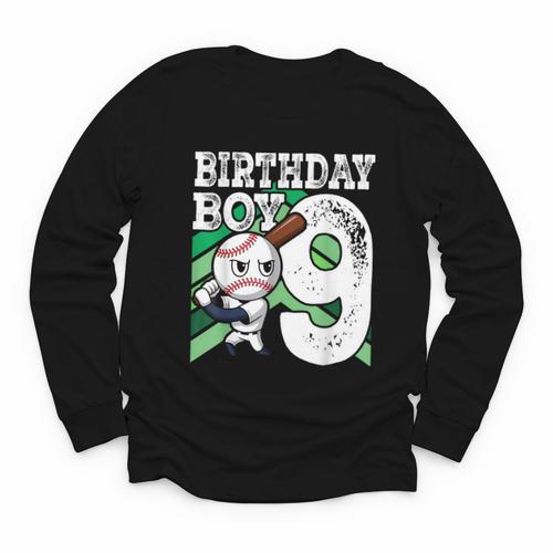 9th Birthday Baseball Birthday Party 9th Birthday Boy Youth Long Sleeve Tee - Sportilla