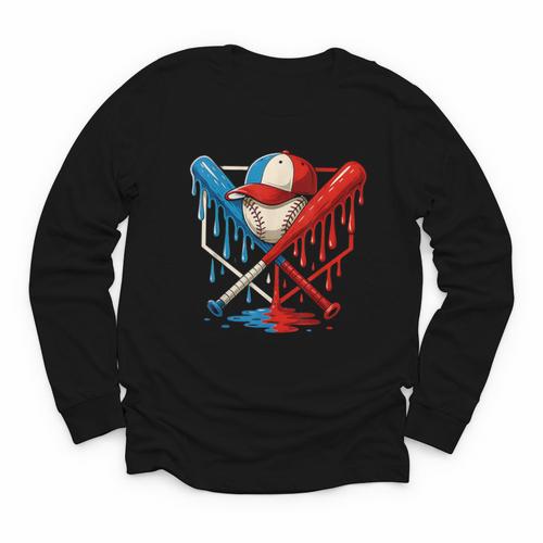 American Baseball Drip Graffiti Ball And Bat Youth Long Sleeve Tee - Sportilla