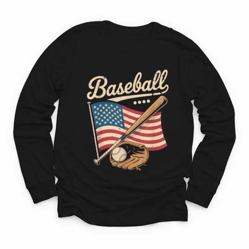 American Flag Baseball Player Bat Fan Catcher Pitcher USA Youth Long Sleeve Tee - Sportilla